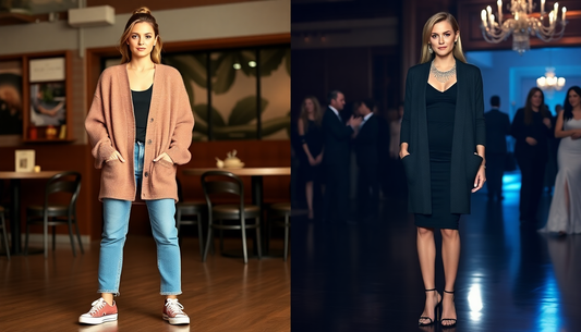 Female model showcasing cardigan for casual & formal occasion side by side - 