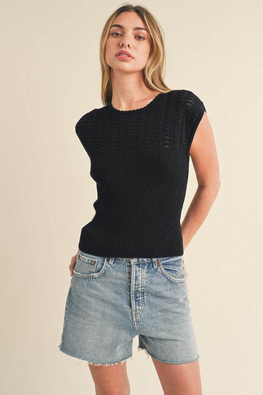 Aemi + Co Openwork Round Neck Cap Sleeve Knit Top - us.meeeshop