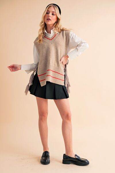 Aemi + Co Ribbed V-Neck Sweater Vest with Tassel - us.meeeshop