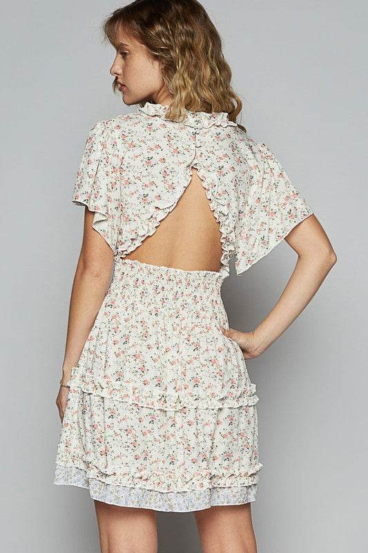 POL Cutout Back Frill Floral V-Neck Short Sleeve Mini Dress - us.meeeshop