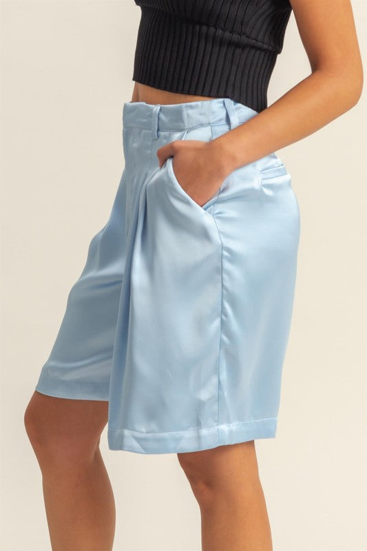 HYFVE High-Waist Pleated Satin Shorts in Pastel Blue - us.meeeshop