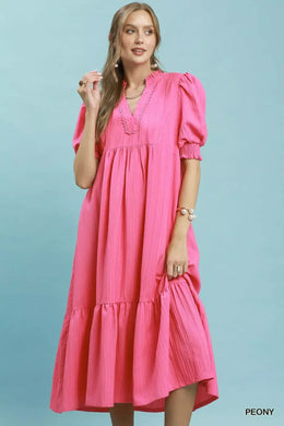 Umgee Textured Puff Sleeve Midi Dress