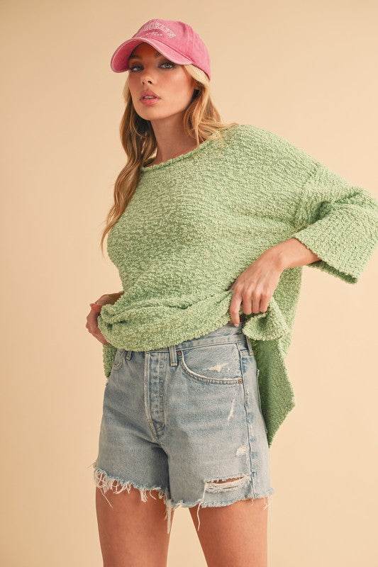 Aemi + Co Side Slit Ribbed Hem Round Neck Sweater - us.meeeshop