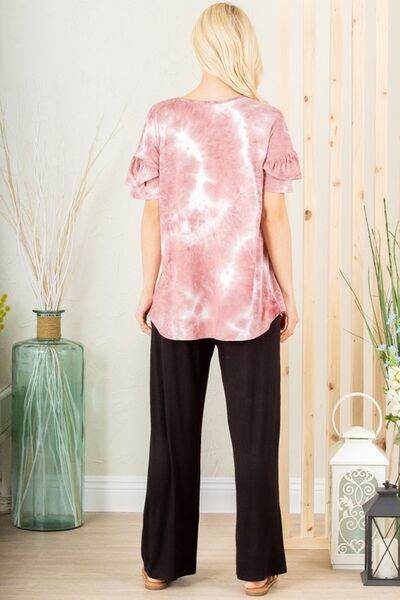 Heimish Full Size Ruffled Sleeve Tie Dye Top Plus Size - us.meeeshop