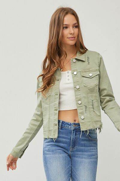 RISEN Raw Hem Button Up Cropped Denim Jacket Plus Size - us.meeeshop