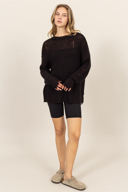 HYFVE Distressed Long Sleeve Knit Top In Black