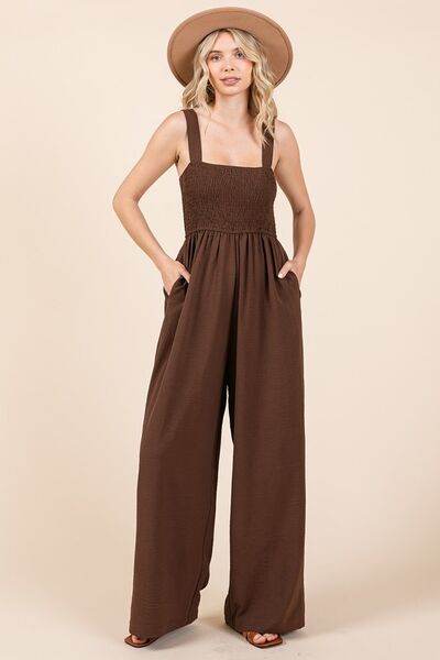 Mittoshop Smocked Wide Strap Wide Leg Overalls - us.meeeshop