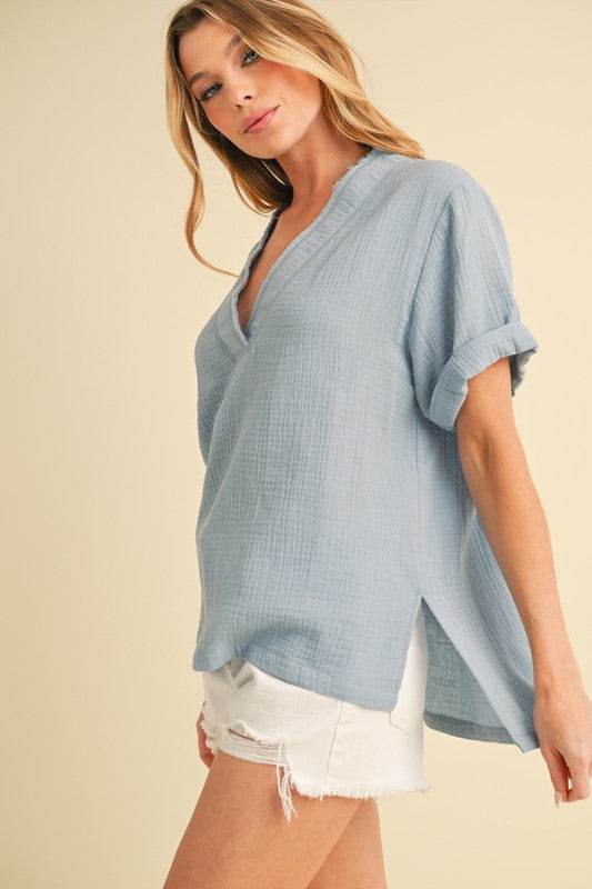 Aemi + Co Side Slit V-Neck Short Sleeve Blouse - us.meeeshop