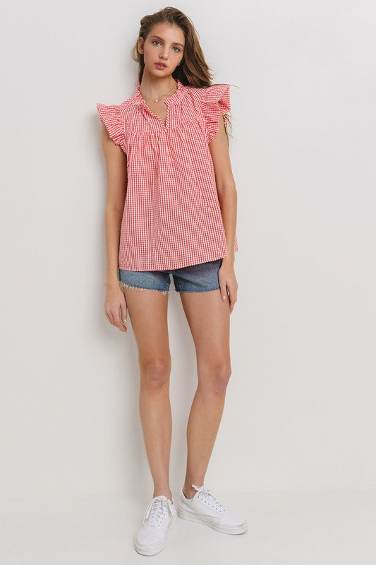 Ces Femme Plaid Notched Ruffled Cap Sleeve Blouse - us.meeeshop