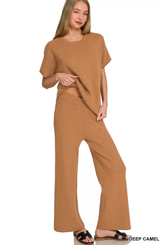zenana viscose round Zenana Viscose Round Neck Top & Pants Set view 2 (top) - shop at us.meeeshop