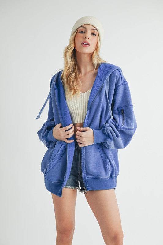 Aemi + Co Exposed Seam Zip Up Drawstring Hooded Jacket - us.meeeshop