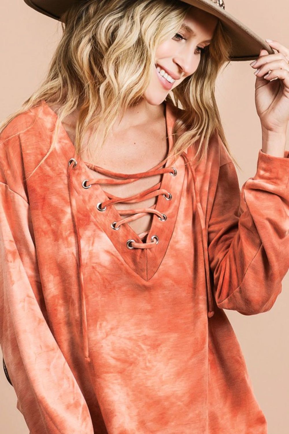 BiBi Lace-Up Tie-Dye French Terry Long Sleeve Top - us.meeeshop