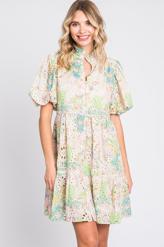 GeeGee Floral Eyelet Lace Puff Sleeve Mini Dress - us.meeeshop