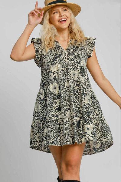 Umgee Printed Ruffle Cap Sleeve Babydoll Dress Plus Size - us.meeeshop