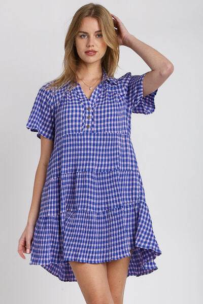 Umgee Gingham Tiered Button Detail Short Sleeve Dress Plus Size - us.meeeshop