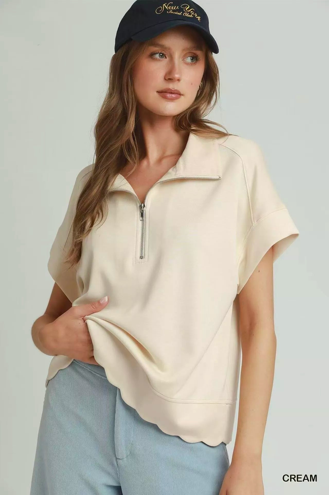 umgee half zip Umgee Half Zip Pullover with Scalloped Edge Hem CREAM (layer) - shop at us.meeeshop