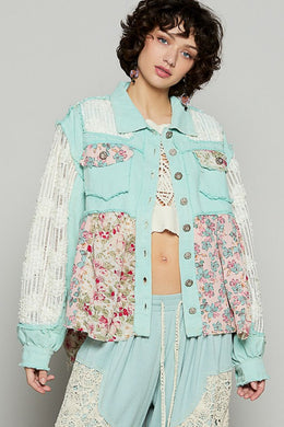 POL Floral Crochet Lace Frayed Edge Button Up Shacket in Mint Blue