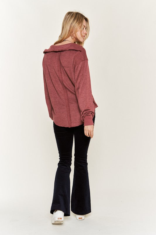 Jade By Jane Deep V-neck Collared Long sleeve Knit Top | us.meeeshop
