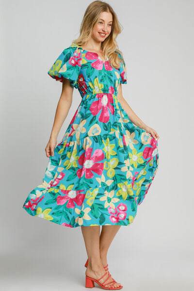 Umgee Tiered Floral Print Notched Puff Sleeve Midi Dress Plus Size - us.meeeshop