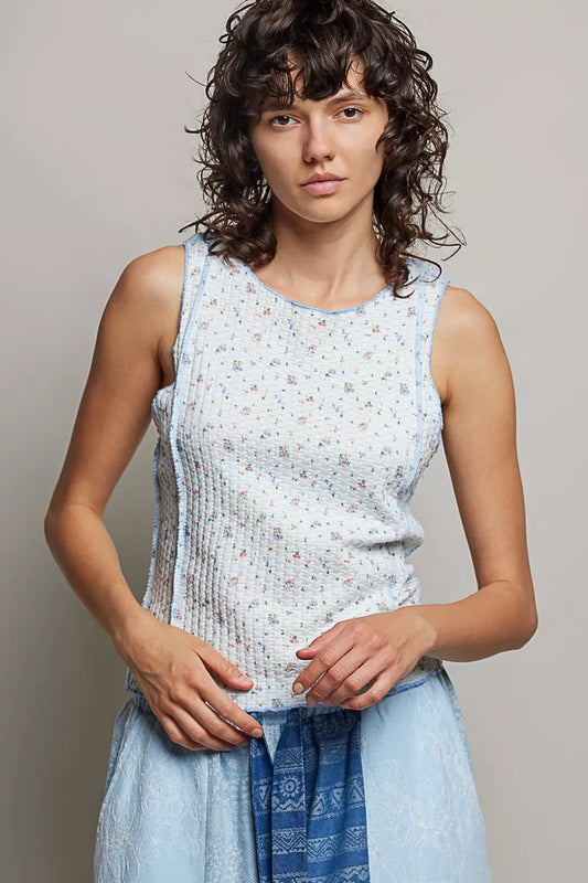 pol seam detail Pol Seam Detail Floral Round Neck Ribbed Tank view 2 (top) - shop at us.meeeshop