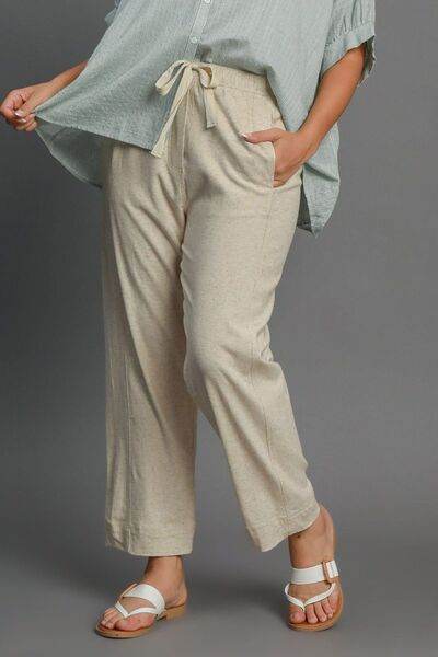 Umgee Drawstring Elastic Waistband Linen Blend Pants Plus Size - us.meeeshop