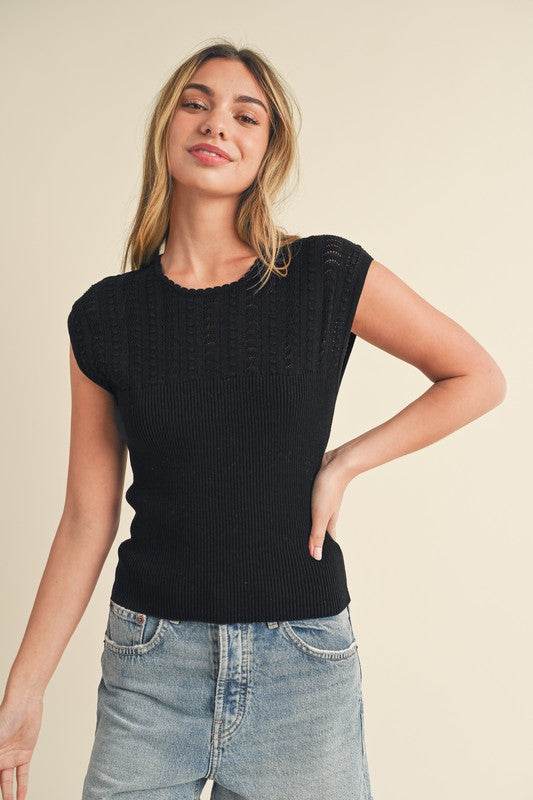 Aemi + Co Openwork Round Neck Cap Sleeve Knit Top - us.meeeshop