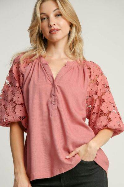 Umgee Lace Puff Sleeve Top Plus Size - us.meeeshop