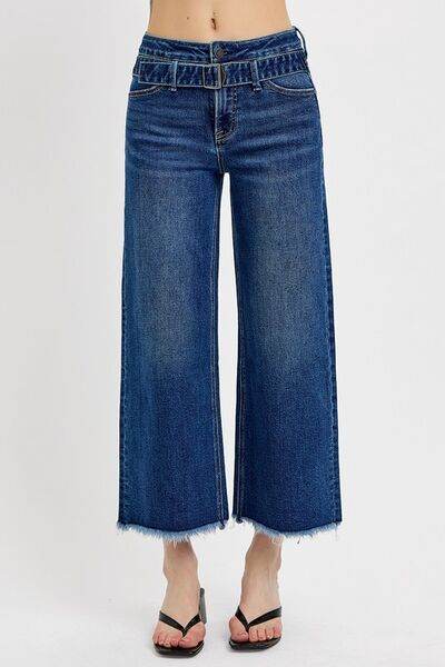 RISEN Raw Hem Wide Leg Attached Buckle Jeans - us.meeeshop