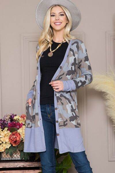 Celeste Camouflage Button Up Long Sleeve Cardigan Plus Size - us.meeeshop