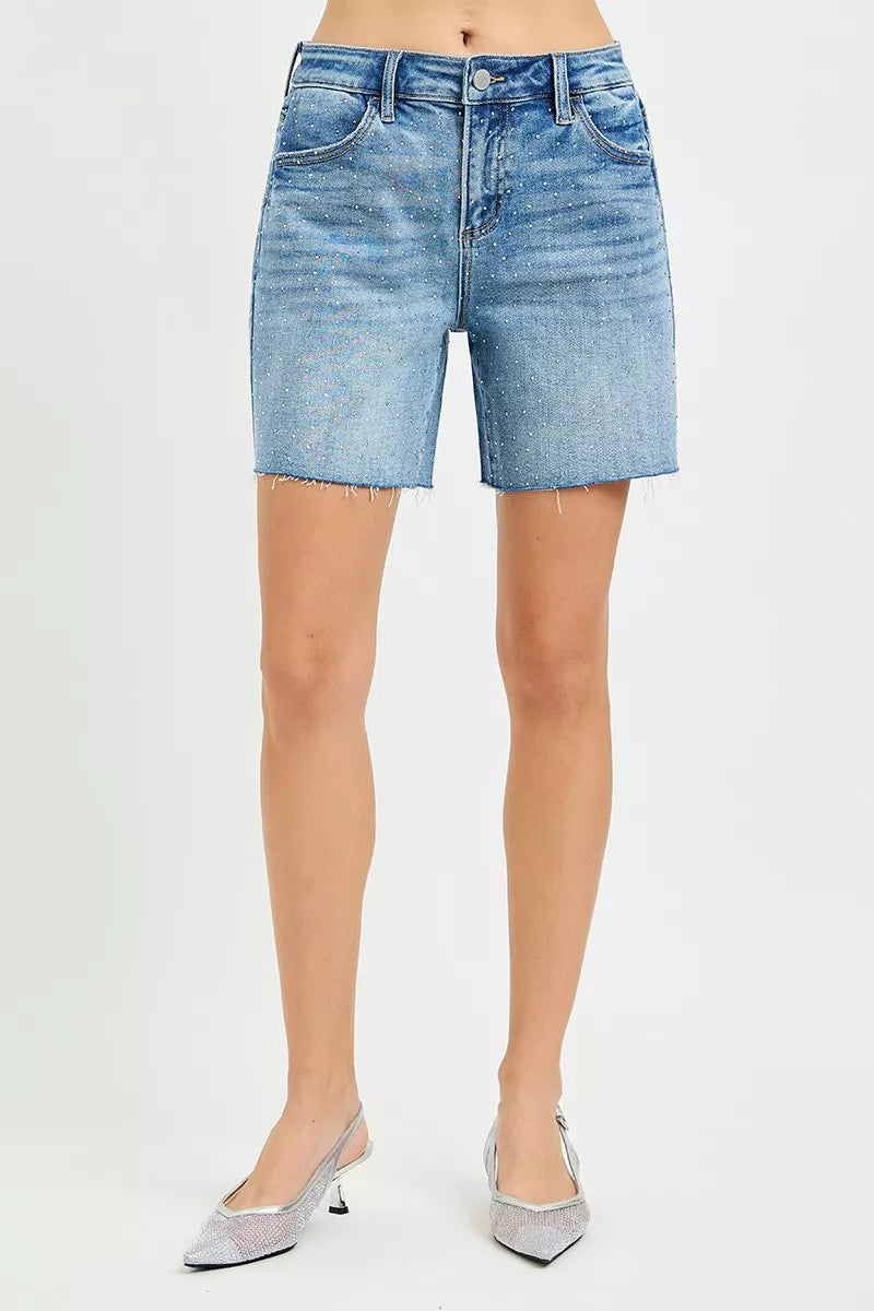 risen slouchy mid Risen Slouchy Mid Length All over Rhinestones Shorts view 4 (bottom) - shop at us.meeeshop