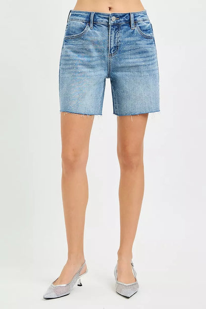 risen slouchy mid Risen Slouchy Mid Length All over Rhinestones Shorts view 4 (bottom) - shop at us.meeeshop