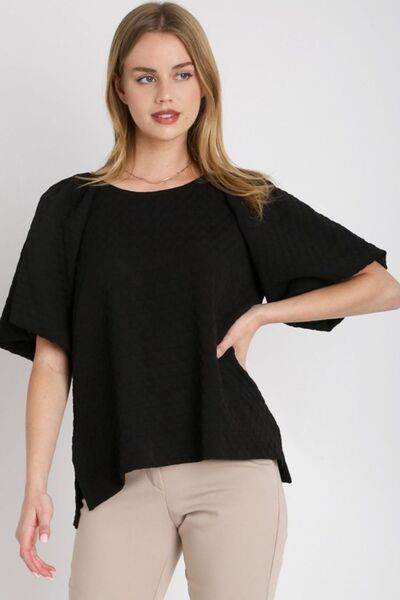 Umgee | Boxy Cut Jacquard Round Neck Top with Side Slit Plus Size - us.meeeshop