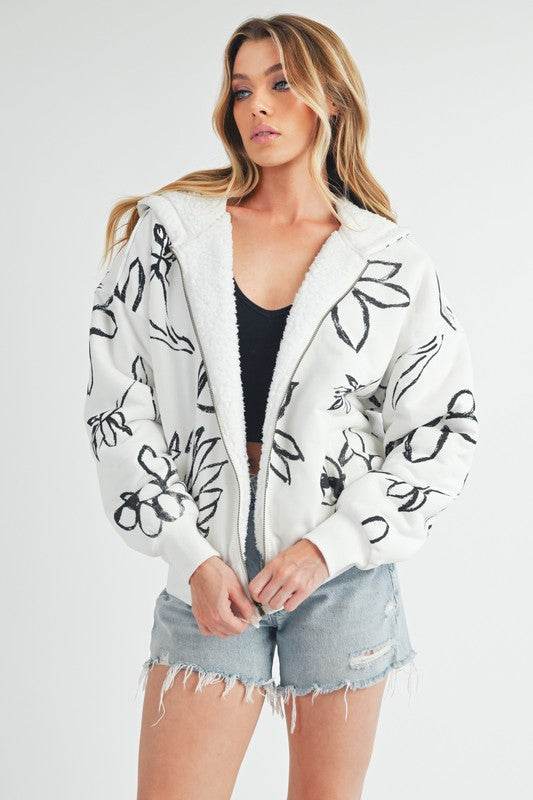 Aemi + Co Flower Print Zip Up Sherpa Hoodie - us.meeeshop