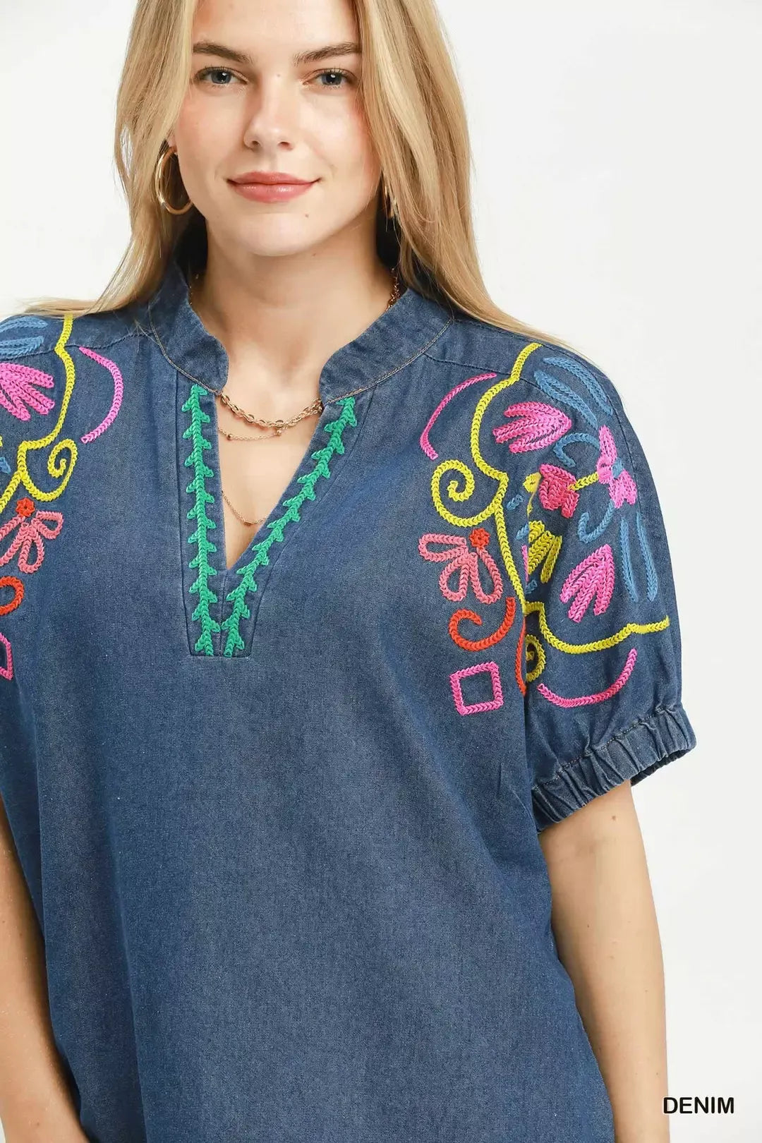 umgee embroidered denim Umgee Embroidered Denim Puff Sleeve Top view 5 (top) - shop at us.meeeshop