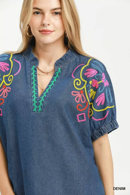 umgee embroidered denim Umgee Embroidered Denim Puff Sleeve Top view 5 (top) - shop at us.meeeshop