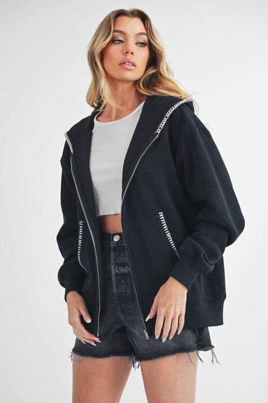 Aemi + Co Contrast Trim Zip Up Hoodie Jacket - us.meeeshop