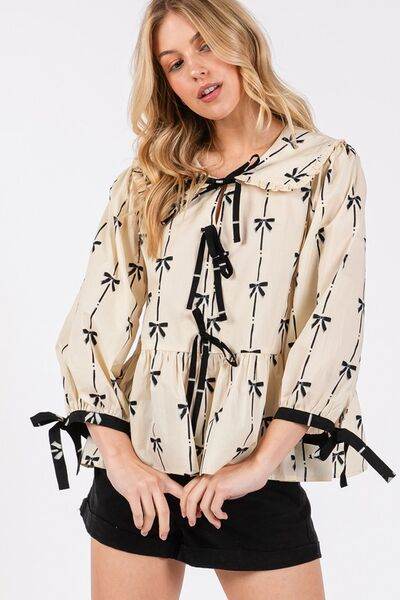 SAGE + FIG Bow Print Tie Front Babydoll Blouse - us.meeeshop