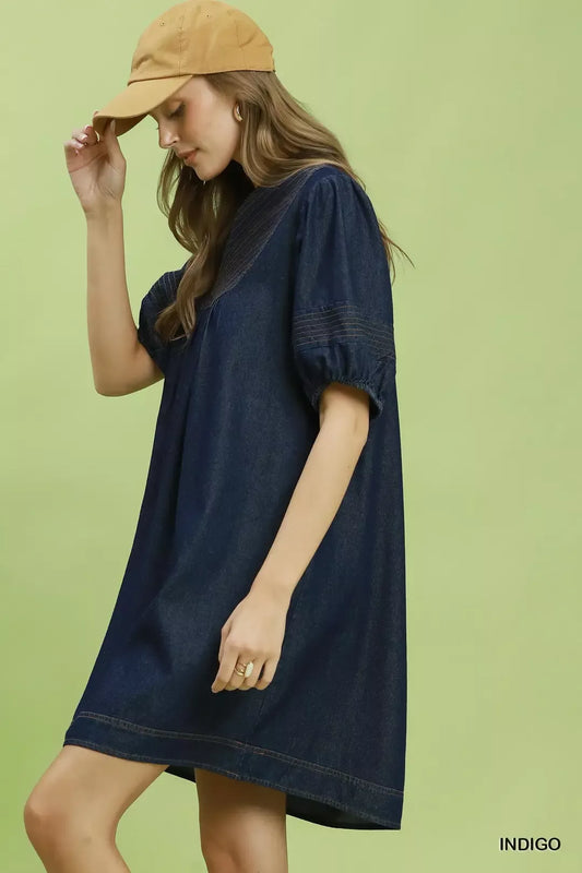 umgee notched puff Umgee Notched Puff Sleeve Mini Dress with Pockets view 2 (dress) - shop at us.meeeshop