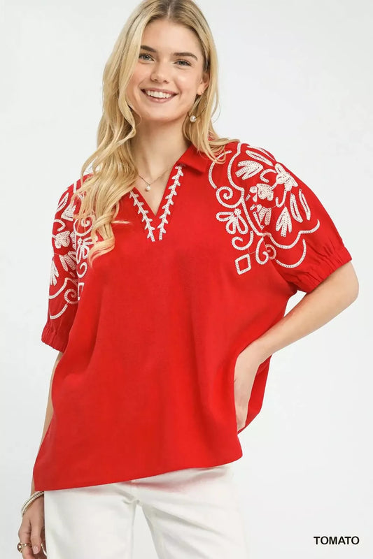 Umgee Floral Embroidered Sleeve Blouse (women's shirts & tops) - shop at us.meeeshop