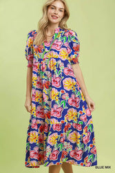Umgee Floral Print Puff Sleeve Tiered Midi Dress