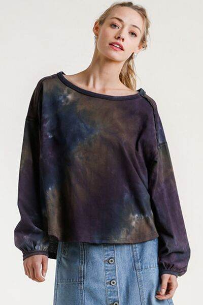 Umgee Tie Dye Round Neck Long Balloon Sleeve Top Plus Size - us.meeeshop