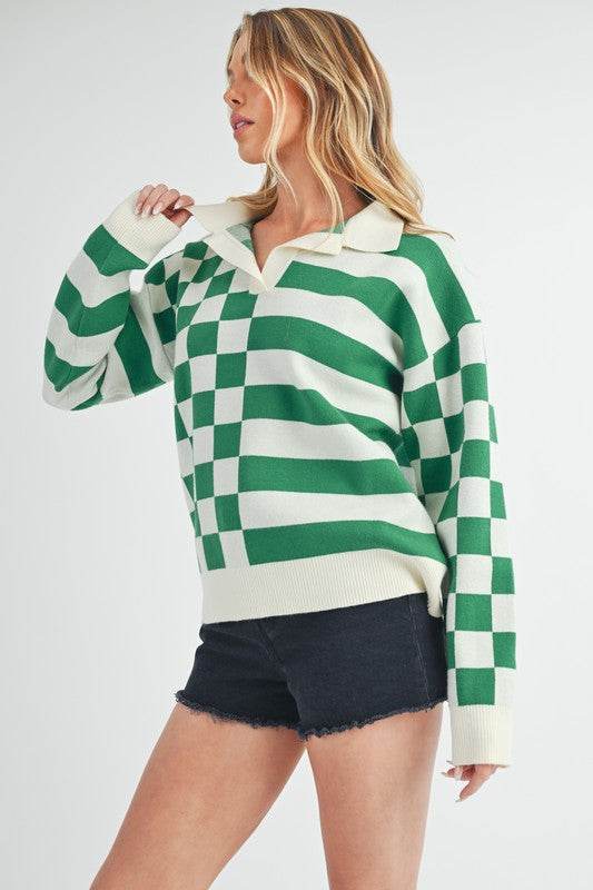 Aemi + Co Striped & Checkered Drop Shoulder Sweater - us.meeeshop