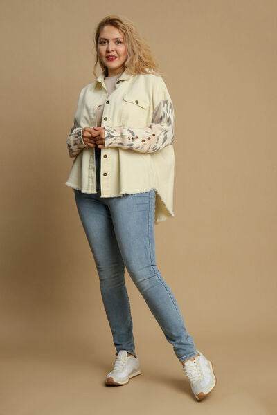 Umgee Distressed Detail Raw Hem Button Up Jacket Plus Size - us.meeeshop