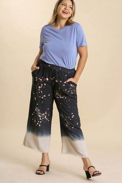 Umgee Raw Hem Linen Blend Bleach Dip Dye Wide Leg Pants Plus Size - us.meeeshop