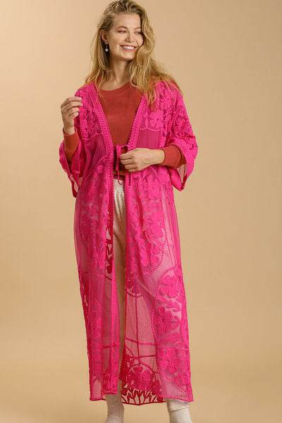 Umgee Floral Lace Open Front Long Kimono with Waist Tie Plus Size - us.meeeshop