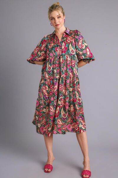 Umgee Paisley Print Satin Tiered Midi Dress Plus Size - us.meeeshop