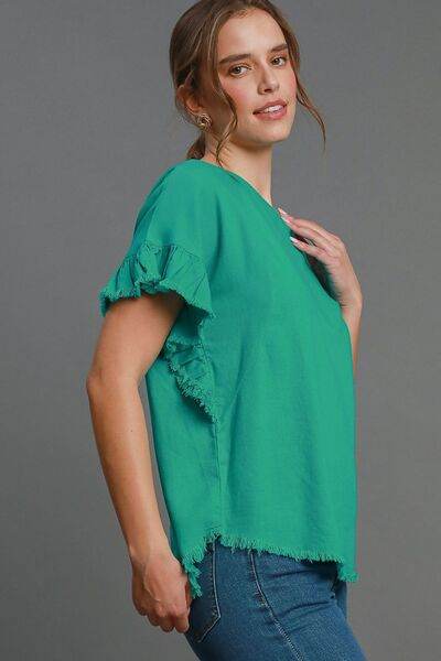 Umgee Raw Hem Ruffle Short Sleeve Blouse Plus Size - us.meeeshop