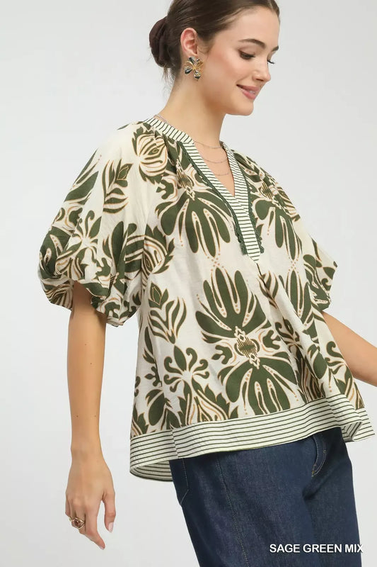 Umgee Mix Printed Puff Sleeve Top with Contrast Trim (women's shirts & tops) view 2 - shop at us.meeeshop