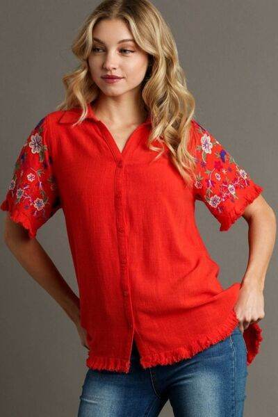 Umgee Linen Shirt with Embroidered Sleeves Plus Size - us.meeeshop