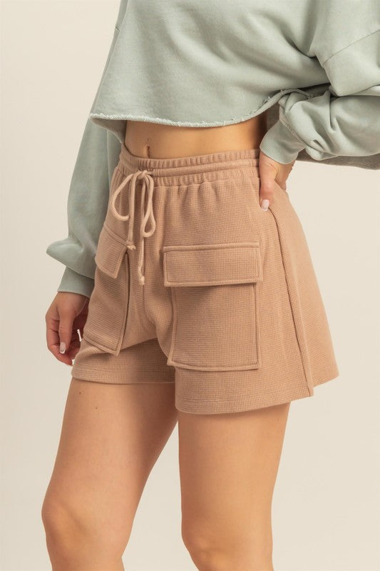 HYFVE Drawstring Waffle Knit Front Pocket Shorts in Tan - us.meeeshop